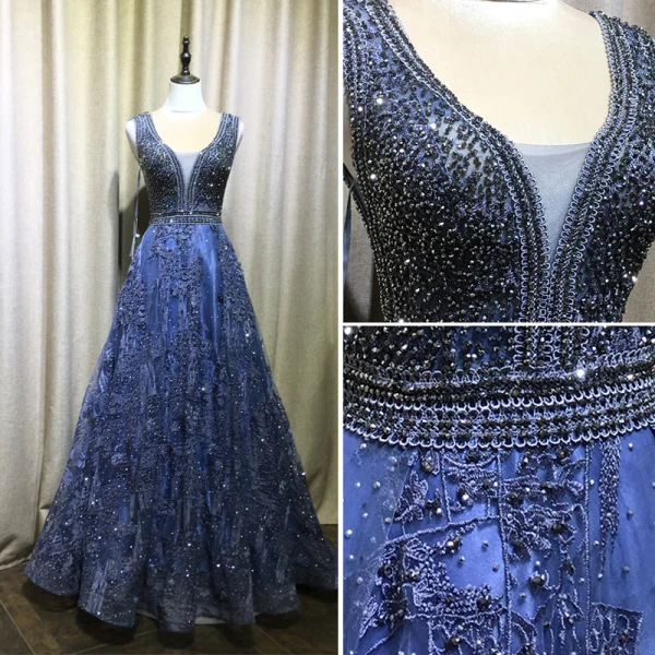Scintillantes Bleu Roi Fait main Perlage Robe De Soirée 2019 Princesse V-Cou Cristal En Dentelle Fleur Sans Manches Dos Nu Longue Robe De Ceremonie
