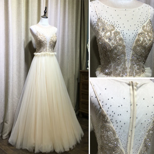 Chic / Beautiful Champagne Evening Dresses  2019 A-Line / Princess Scoop Neck Beading Crystal Rhinestone Sleeveless Pleated Floor-Length / Long Formal Dresses