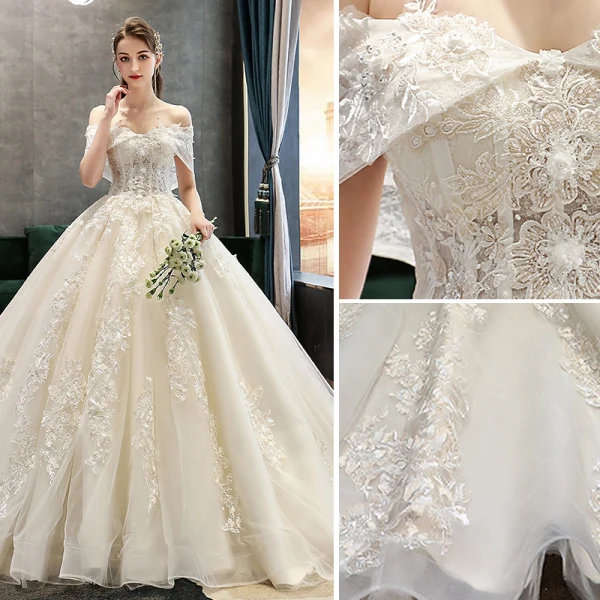 Elegant Champagne Wedding Dresses 2019 A-Line / Princess Off-The-Shoulder Beading Lace Flower Short Sleeve Backless Royal Train