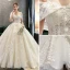 Elegant Champagne Wedding Dresses 2019 A-Line / Princess Off-The-Shoulder Beading Lace Flower Short Sleeve Backless Royal Train