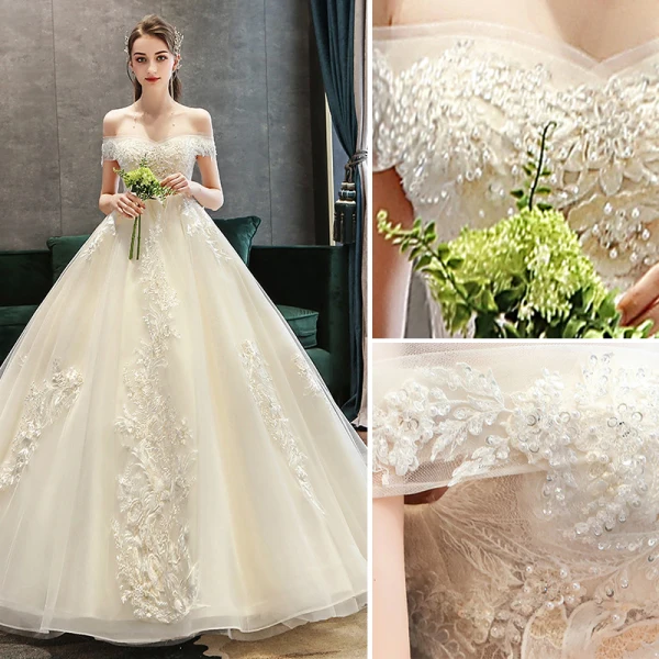 Classy Champagne Pregnant Wedding Dresses 2019 Off-The-Shoulder Beading Lace Flower Short Sleeve Backless Floor-Length / Long