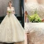Classy Champagne Pregnant Wedding Dresses 2019 Off-The-Shoulder Beading Lace Flower Short Sleeve Backless Floor-Length / Long