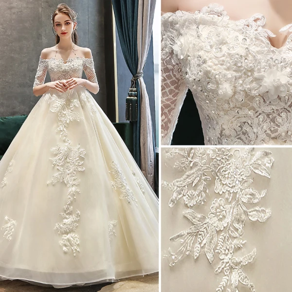 Classy Champagne Pregnant Wedding Dresses 2019 Off-The-Shoulder Beading Sequins Lace Flower Short Sleeve Backless Floor-Length / Long
