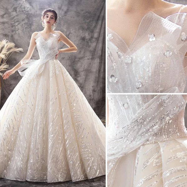 Luxury / Gorgeous Champagne Wedding Dresses 2019 Ball Gown Spaghetti Straps Sequins Sleeveless Backless Bow Royal Train