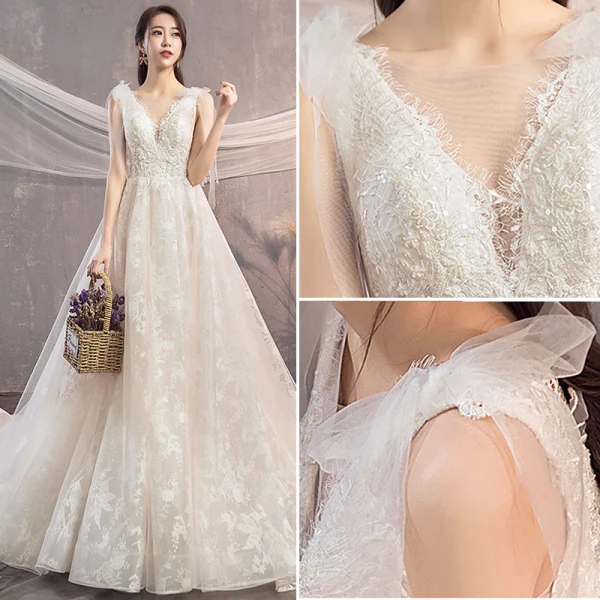 Élégant Champagne Robe De Mariée 2019 Princesse V-Cou Perlage Paillettes En Dentelle Fleur Sans Manches Dos Nu Noeud Chapel Train