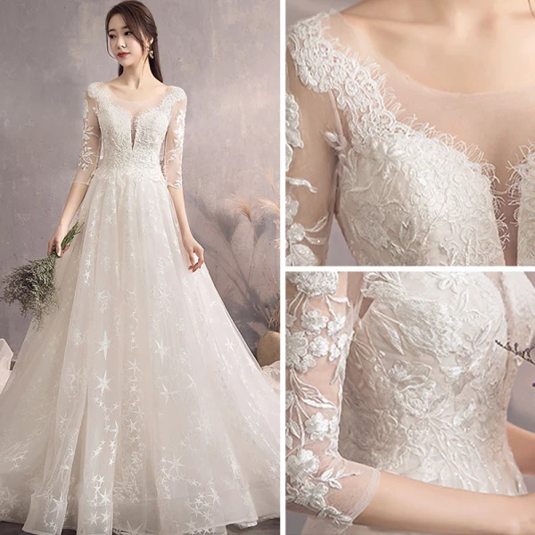 Charming Champagne Wedding Dresses 2019 A-Line / Princess Scoop Neck Star Lace Flower 3/4 Sleeve Backless Court Train