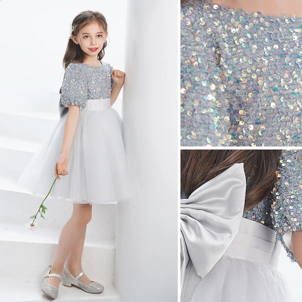 Fashion Grey Sequins Short Birthday Bow Flower Girl Dresses 2021 A-Line / Princess Scoop Neck Short Sleeve