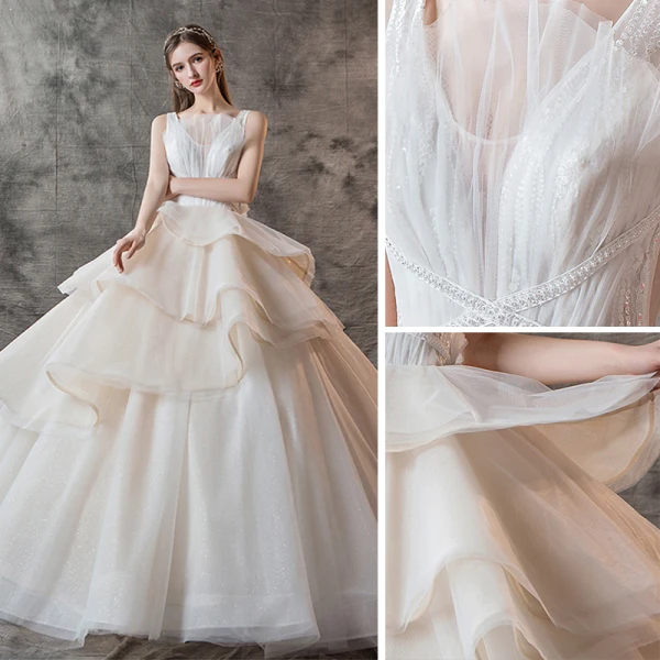 Charming Champagne Wedding Dresses 2019 Ball Gown V-Neck Pearl Sleeveless Backless Cascading Ruffles Cathedral Train
