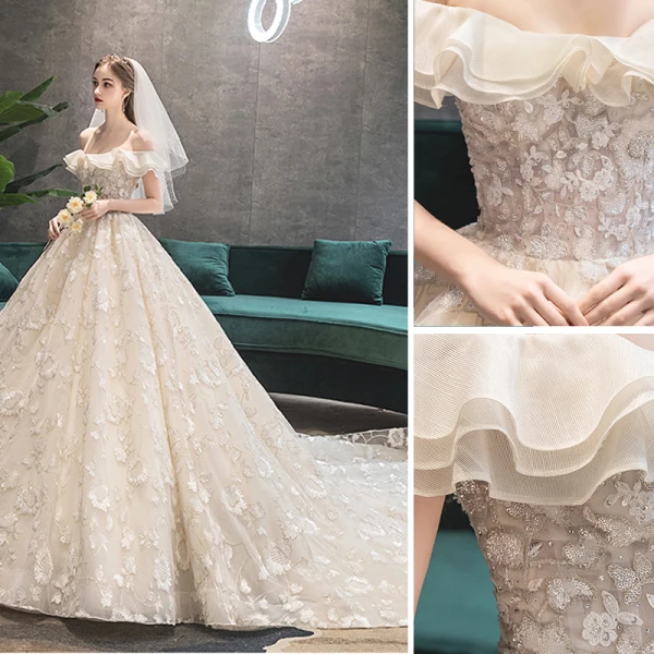 Hermoso Champán Vestidos De Novia 2019 A-Line / Princess Fuera Del Hombro Rebordear Lentejuelas Con Encaje Flor Manga Corta Sin Espalda Royal Train