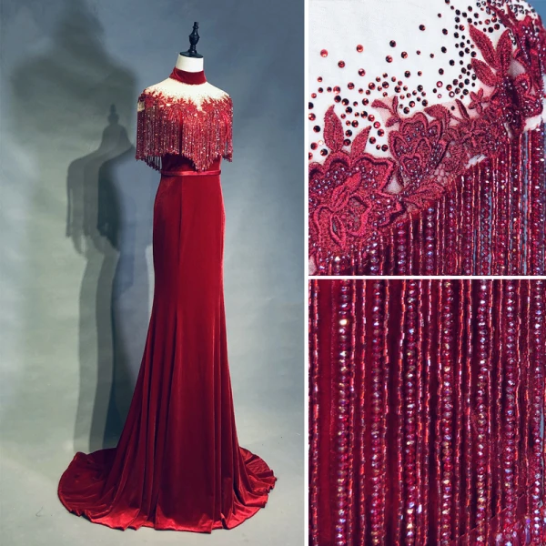 Luxury / Gorgeous Burgundy Handmade Beading Tassel Evening Dresses 2019 Trumpet / Mermaid High Neck Suede Sash Lace Flower Short Sleeve Sweep Train Formal Dresses