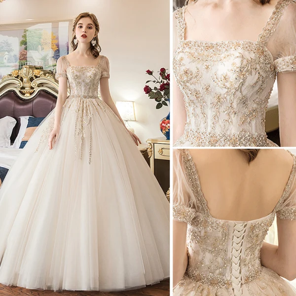 Élégant Champagne Robe De Mariée 2019 Robe Boule Encolure Carrée Perlage Paillettes En Dentelle Fleur Manches Courtes Dos Nu Train De Balayage