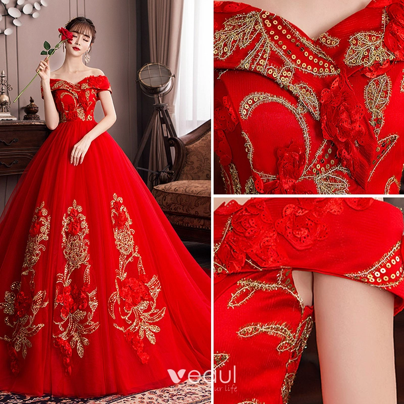 Chinese style Red Pregnant Wedding Dresses 2019 Off-The-Shoulder