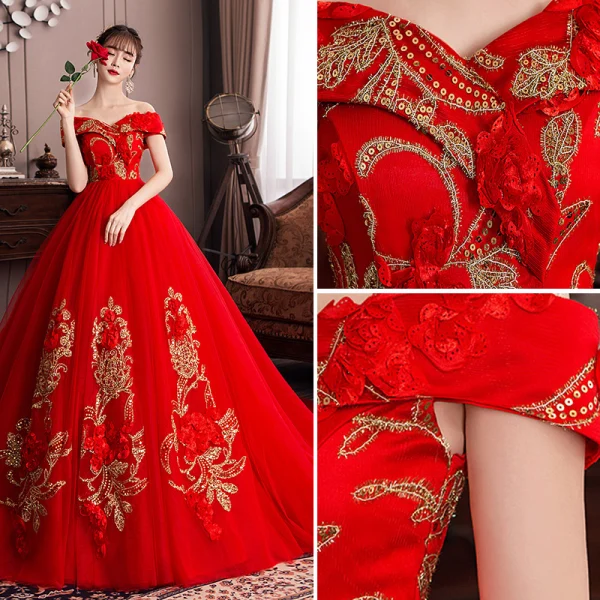 Style Chinois Rouge Enceinte Robe De Mariée 2019 De l'épaule Paillettes En Dentelle Fleur Appliques Manches Courtes Dos Nu Chapel Train