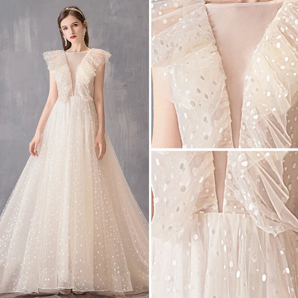 Élégant Champagne Robe De Mariée 2019 Princesse Encolure Carrée Tachetée Sans Manches Dos Nu Tribunal Train