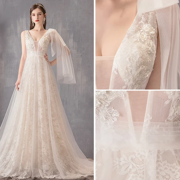 Schöne Ivory / Creme Brautkleider / Hochzeitskleider 2019 A Linie V-Ausschnitt Spitze Blumen Ärmellos Rückenfreies Sweep / Pinsel Zug