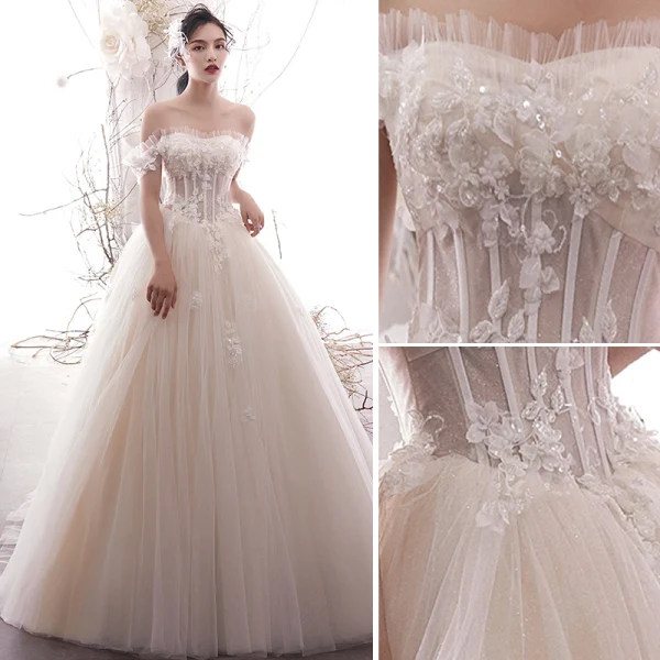 Chic Champagne Robe De Mariée 2019 Princesse De l'épaule Paillettes En Dentelle Fleur Sans Manches Dos Nu Train De Balayage