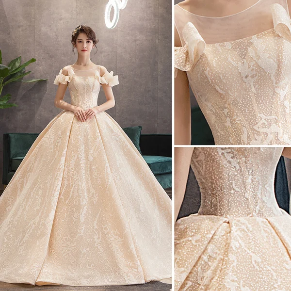 Luxe Champagne Robe De Mariée 2019 Robe Boule Encolure Dégagée Noeud En Dentelle Fleur Manches Courtes Dos Nu Royal Train