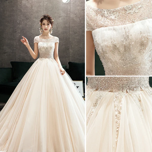 Chic Champagne Robe De Mariée 2019 Princesse Encolure Dégagée Perlage En Dentelle Fleur Paillettes Manches Courtes Dos Nu Train De Balayage