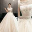 Chic Champagne Robe De Mariée 2019 Princesse Encolure Dégagée Perlage En Dentelle Fleur Paillettes Manches Courtes Dos Nu Train De Balayage