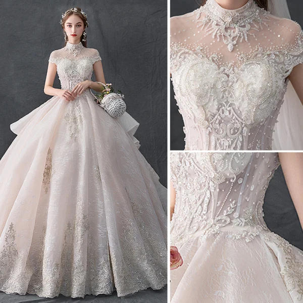 Luxury / Gorgeous Champagne Wedding Dresses 2019 Ball Gown High Neck Beading Pearl Sequins Crystal Lace Flower Cap Sleeves Backless Ruffle Cathedral Train