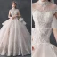 Luxury / Gorgeous Champagne Wedding Dresses 2019 Ball Gown High Neck Beading Pearl Sequins Crystal Lace Flower Cap Sleeves Backless Ruffle Cathedral Train