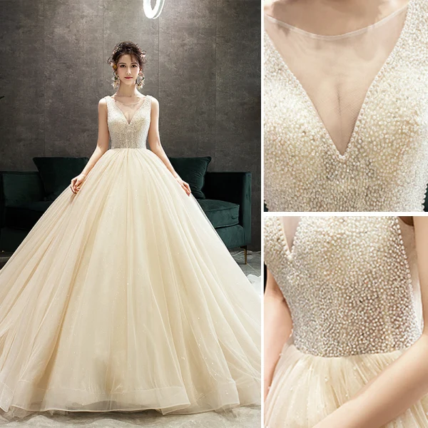 Elegant Champagne Wedding Dresses 2019 A-Line / Princess Scoop Neck Beading Sequins Sleeveless Backless Court Train