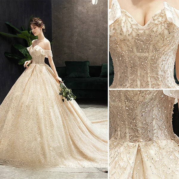Luxury / Gorgeous Champagne Wedding Dresses 2019 A-Line / Princess Off-The-Shoulder Beading Lace Flower Sequins Short Sleeve Backless