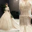 Luxury / Gorgeous Champagne Wedding Dresses 2019 A-Line / Princess Off-The-Shoulder Beading Lace Flower Sequins Short Sleeve Backless