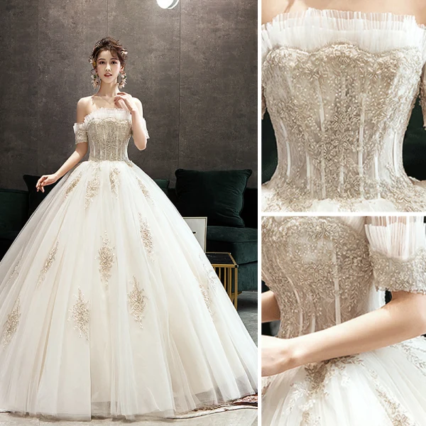 Classy Champagne Wedding Dresses 2019 Ball Gown Ruffle Off-The-Shoulder Beading Lace Flower Short Sleeve Backless Floor-Length / Long