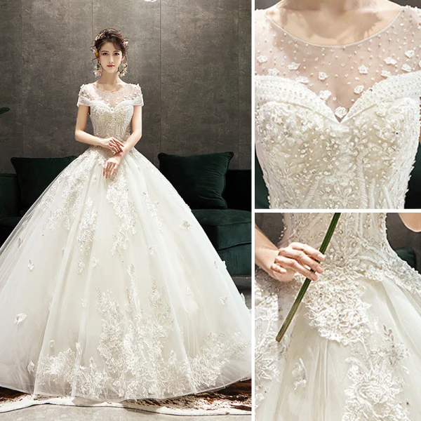 Elegant Champagne Wedding Dresses 2019 Ball Gown Scoop Neck Beading Lace Flower Short Sleeve Backless Floor-Length / Long