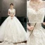 Elegant Champagne Wedding Dresses 2019 Ball Gown Scoop Neck Beading Lace Flower Short Sleeve Backless Floor-Length / Long