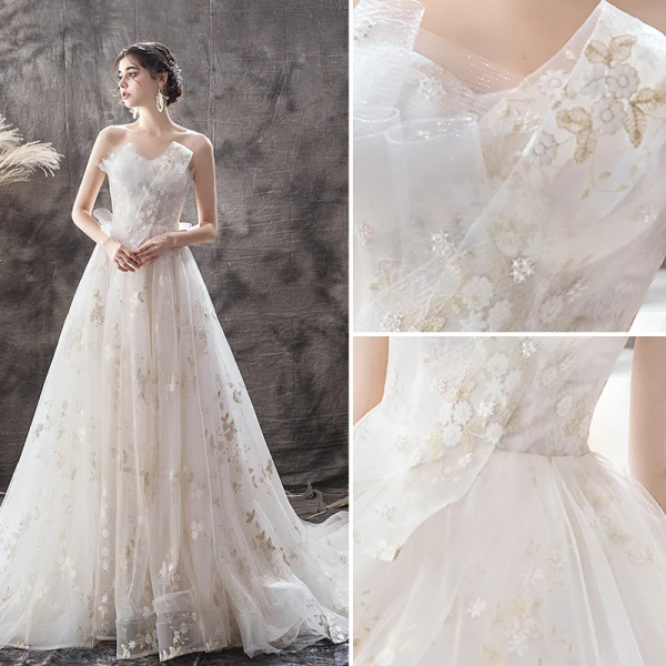 Chic / Beautiful Champagne Wedding Dresses 2019 A-Line / Princess Strapless Pearl Lace Flower Backless Bow Sleeveless Court Train