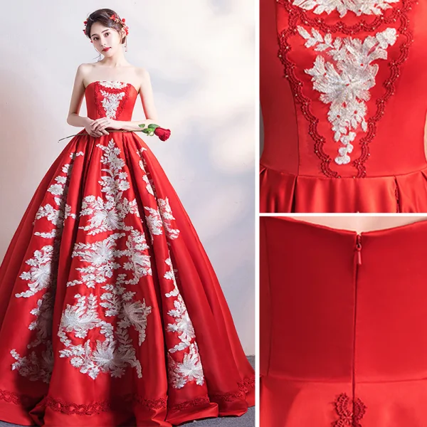 Chinesischer Stil Schöne Burgunderrot Brautkleider / Hochzeitskleider 2019 A Linie Bandeau Spitze Blumen Ärmellos Rückenfreies Lange