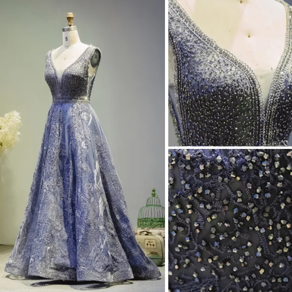 Luxury / Gorgeous Royal Blue Evening Dresses 2019 A-Line / Princess V-Neck Beading Crystal Sleeveless Backless Floor-Length / Long Formal Dresses
