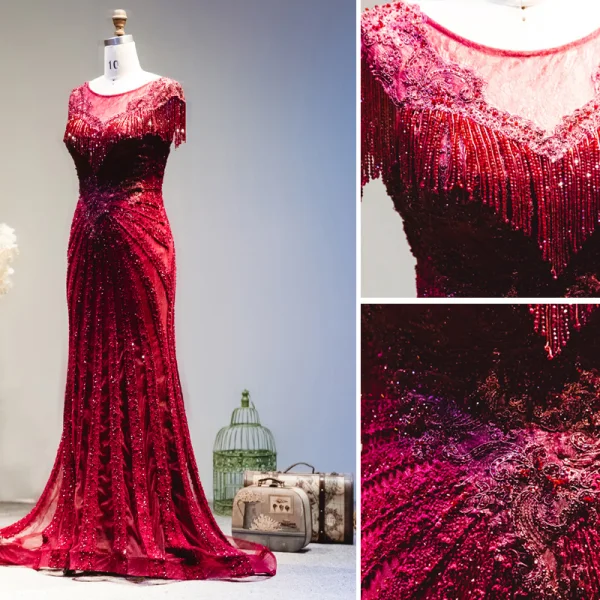 Luxury / Gorgeous Burgundy Handmade  Beading Evening Dresses  2019 Trumpet / Mermaid Scoop Neck Crystal Tassel Lace Flower Short Sleeve Sweep Train Formal Dresses
