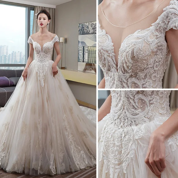 Luxury / Gorgeous Champagne Wedding Dresses 2019 A-Line / Princess V-Neck Beading Sequins Lace Flower Short Sleeve Backless Cathedral Train