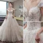 Luxury / Gorgeous Champagne Wedding Dresses 2019 A-Line / Princess V-Neck Beading Sequins Lace Flower Short Sleeve Backless Cathedral Train