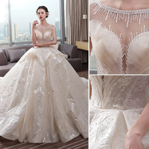 Luxury / Gorgeous Champagne Wedding Dresses 2019 Ball Gown Scoop Neck Sequins Lace Flower Sleeveless Backless Cascading Ruffles Cathedral Train
