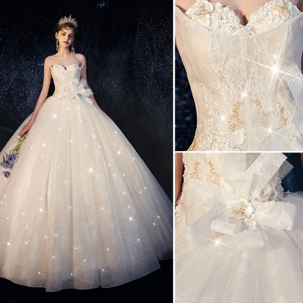 Chic / Belle Champagne Robe De Mariée 2019 Robe Boule Bustier Glitter Paillettes Appliques En Dentelle Fleur Sans Manches Dos Nu Longue