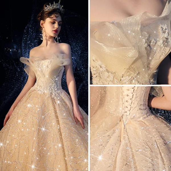 Luxury / Gorgeous Champagne Wedding Dresses 2019 Ball Gown Strapless Glitter Tulle Sequins Beading Sleeveless Backless Cathedral Train