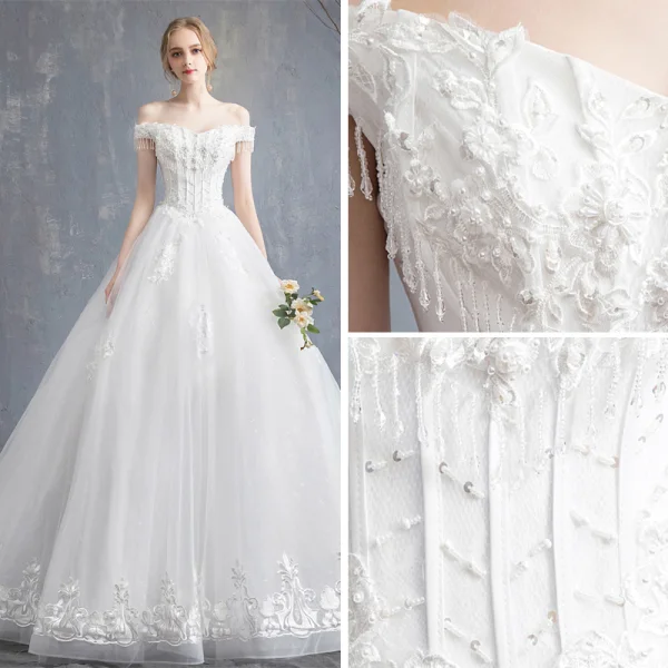 Affordable Ivory Wedding Dresses 2019 A-Line / Princess Off-The-Shoulder Beading Tassel Pearl Crystal Lace Flower Short Sleeve Backless Court Train