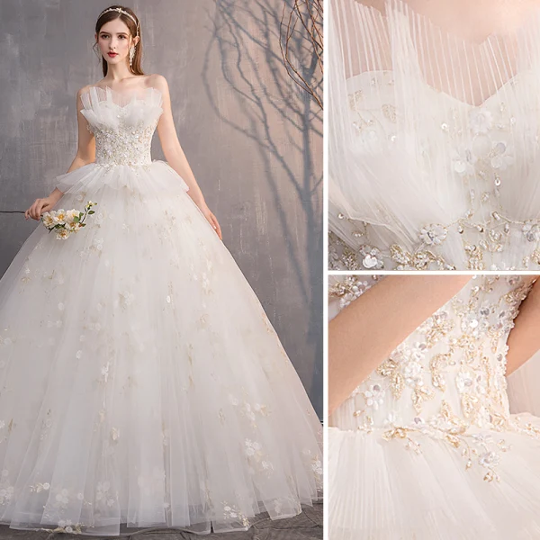 Abordable Ivoire Robe De Mariée 2019 Robe Boule Bustier Perlage Paillettes En Dentelle Fleur Sans Manches Dos Nu Longue