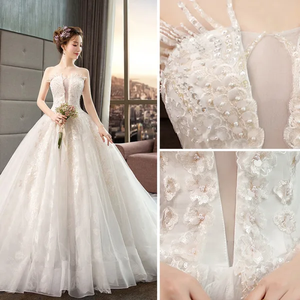 Edles Ivory / Creme Brautkleider / Hochzeitskleider 2019 A Linie Perlenstickerei Perle Pailletten Spitze Blumen Ärmellos Rückenfreies Königliche Schleppe