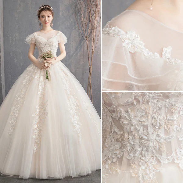 Lovely Champagne Wedding Dresses 2019 Ball Gown Scoop Neck Beading Lace Flower Short Sleeve Backless Floor-Length / Long