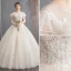 Lovely Champagne Wedding Dresses 2019 Ball Gown Scoop Neck Beading Lace Flower Short Sleeve Backless Floor-Length / Long
