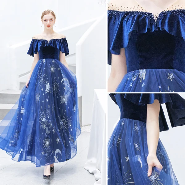 Chic / Beautiful Royal Blue Evening Dresses 2019 A-Line / Princess Suede V-Neck Star Sequins Rhinestone Short Sleeve Backless Ankle Length Formal Dresses