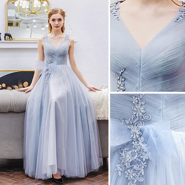 Élégant Gris Robe De Bal 2019 Princesse V-Cou En Dentelle Fleur Noeud Sans Manches Dos Nu Longue Robe De Ceremonie