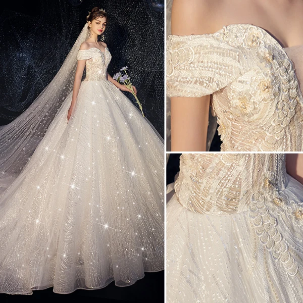 Chic Ivoire Robe De Mariée 2019 Princesse De l'épaule Perlage Perle Étoile En Dentelle Fleur Paillettes Manches Courtes Dos Nu Cathedral Train