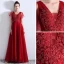 Chic / Beautiful Burgundy Evening Dresses  2019 A-Line / Princess V-Neck Beading Crystal Lace Flower Short Sleeve Backless Floor-Length / Long Formal Dresses