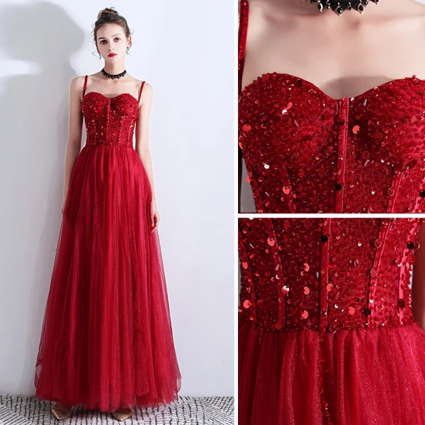Chic / Belle Bordeaux Robe De Soirée 2019 Princesse Bretelles Spaghetti Perlage Cristal Paillettes Sans Manches Dos Nu Longue Robe De Ceremonie